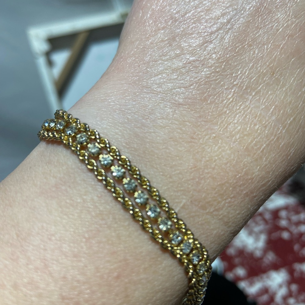 Vintage Gold Tone Rope Tennis Bracelet Clear Rhinestone Triple Strand